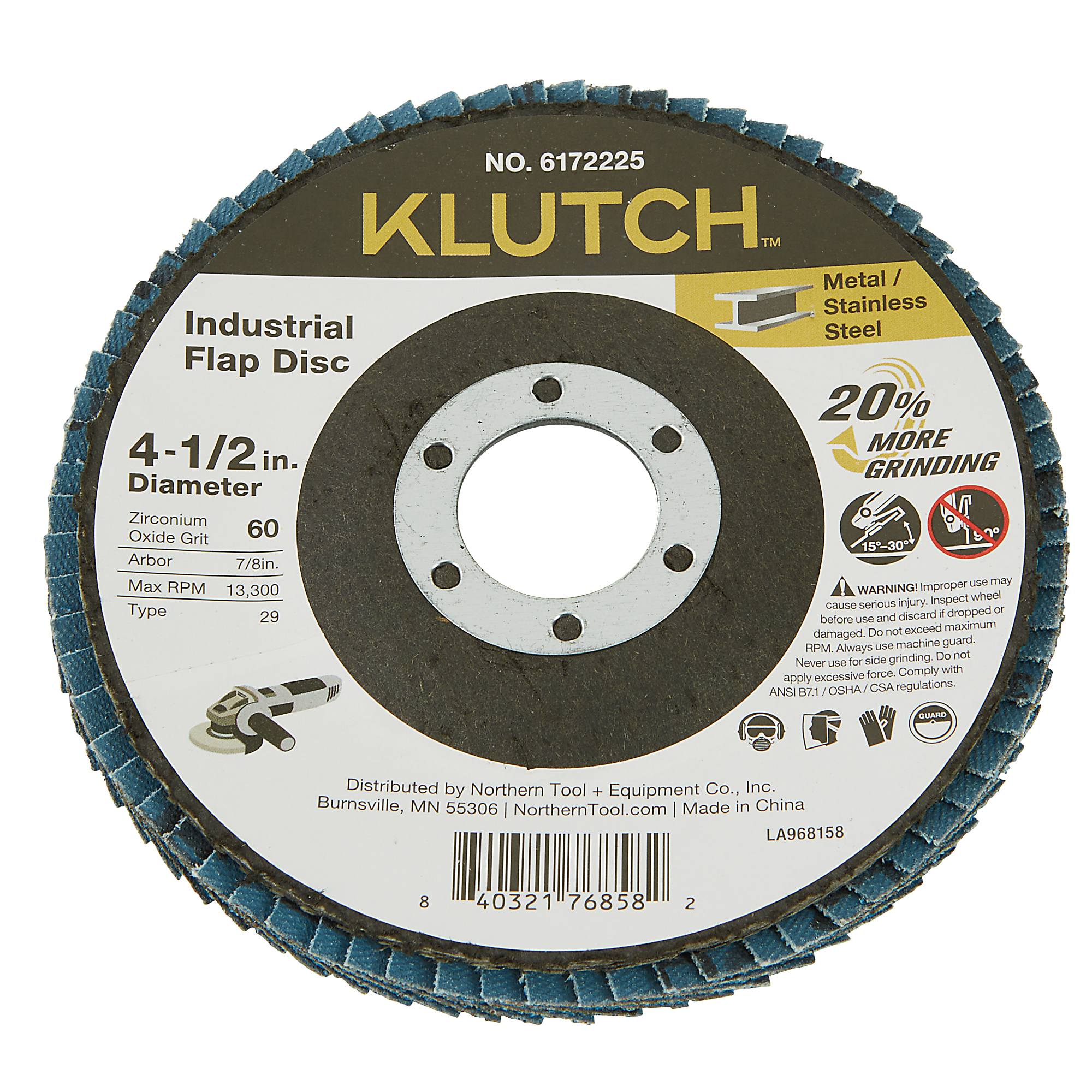 Klutch Industrial Metal Flap Disc, 4-1/2in. x 7/8in., 60 Grit, Type 29